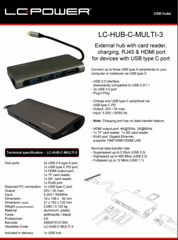 HUB LC Power LC-HUB-C-MULTI-3 Type C, 1xHDMI 3port