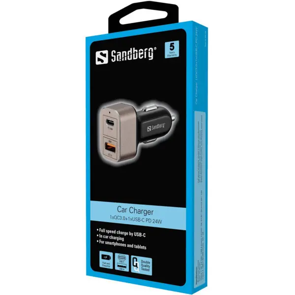 USB auto punjač Sandberg QC3.0USB C 24W 441-43