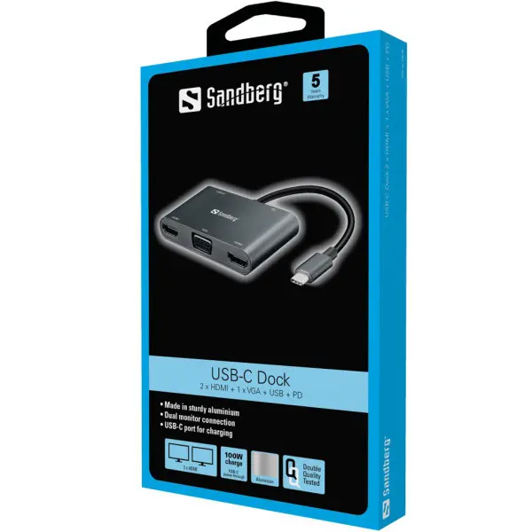Docking station Snadberg USB-C - 2xHDMIVGAUSB 3.0USB C PD 136-35