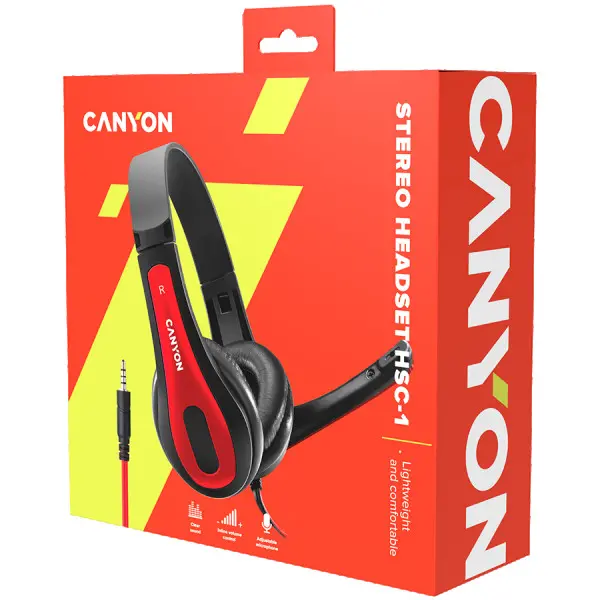 CANYON HSC-1 basic PC headset with microphone, combined 3.5mm plug, leather pads, Flat cable length 2.0m, 160*60*160mm, 0.13kg, Black-red (