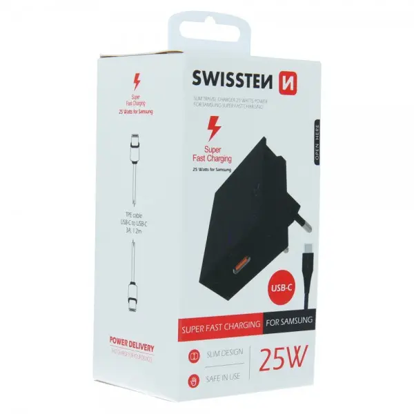 SWISSTEN Kucni Punjač 25W type C na Type C 1.2m (Crna)