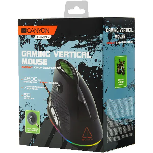 Wired Vertical Gaming Mouse with 7 programmable buttons, Pixart optical sensor, 6 levels of DPI and up to 4800, 2 million times key life, 1