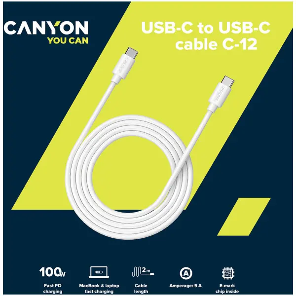 100W, 20V 5A, typeC to Type C, 2M with Emark, Power wire :20AWG*4C,Signal wires :28AWG*4C,OD4.5mm, PVC ,white ( CNS-USBC12W ) 