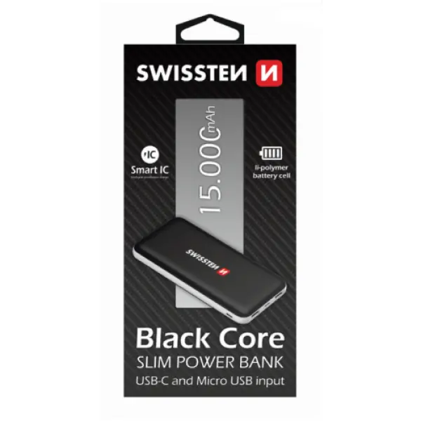 SWISSTEN PowerBank SlimCore 15.000mAh type C (Crna)