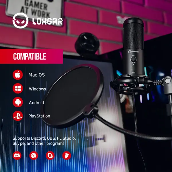 LORGAR Gaming Microphones, Black, USB condenser microphone with tripod stand, pop filter, including 1 microphone, 1 Height metal tripod, 1 