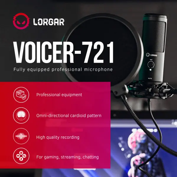 LORGAR Gaming Microphones, Black, USB condenser microphone with tripod stand, pop filter, including 1 microphone, 1 Height metal tripod, 1 