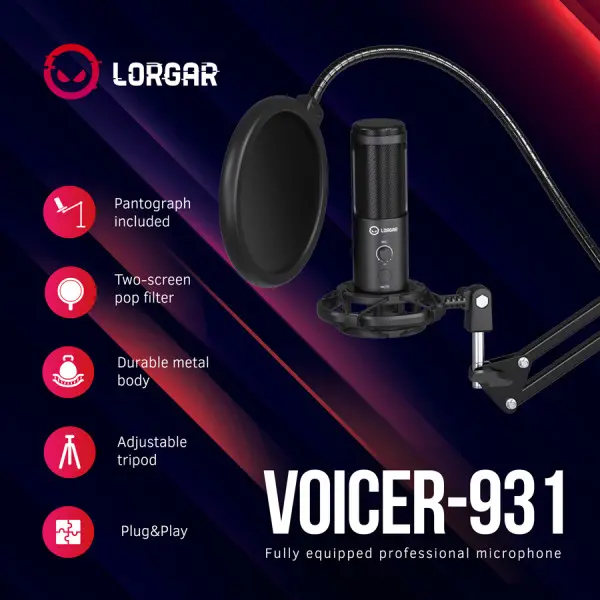 LORGAR Gaming Microphones, Black, USB condenser microphone with boom arm stand, pop filter, tripod stand. including 1* microphone, 1*Boom A