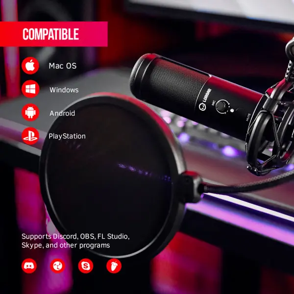 LORGAR Gaming Microphones, Black, USB condenser microphone with boom arm stand, pop filter, tripod stand. including 1* microphone, 1*Boom A