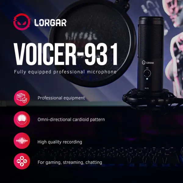 LORGAR Gaming Microphones, Black, USB condenser microphone with boom arm stand, pop filter, tripod stand. including 1* microphone, 1*Boom A
