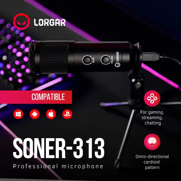 LORGAR Gaming Microphones, Black, USB condenser microphone with Volume Knob & Echo Kob, including 1x Microphone, 1 x 2.5M USB Cable, 1 x Tr