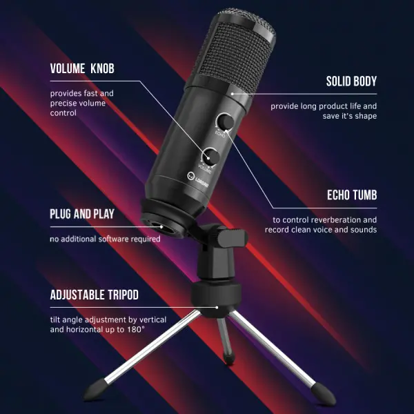 LORGAR Gaming Microphones, Black, USB condenser microphone with Volume Knob & Echo Kob, including 1x Microphone, 1 x 2.5M USB Cable, 1 x Tr