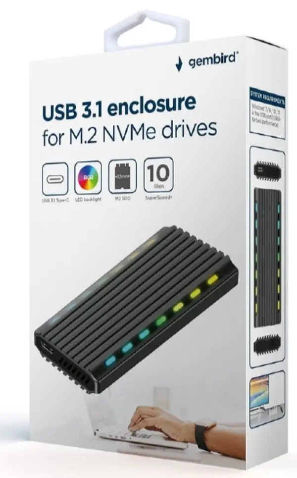 EE2280-U3C-03 Gembird USB 3.1 enclosure for M.2 NVMe drives, NGFF, backlighted, aluminum
