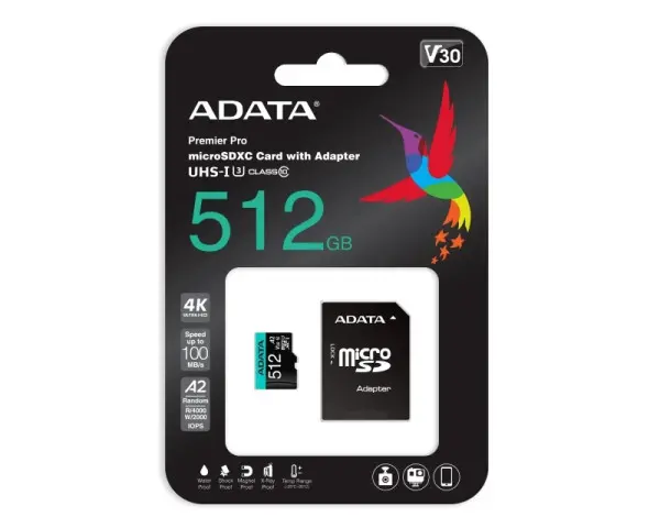 A-DATA UHS-I U3 MicroSDXC 512GB V30S class 10 + adapter AUSDX512GUI3V30SA2-RA1