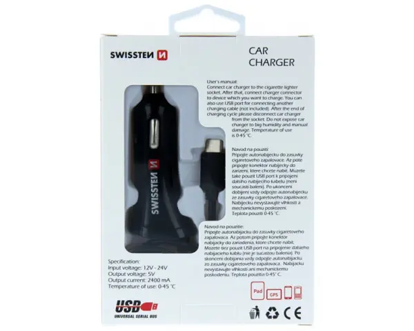 SWISSTEN Auto punjač TIP C sa kablom + USB 2,4A