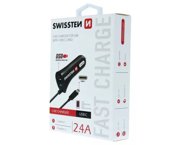 SWISSTEN Auto punjač TIP C sa kablom + USB 2,4A