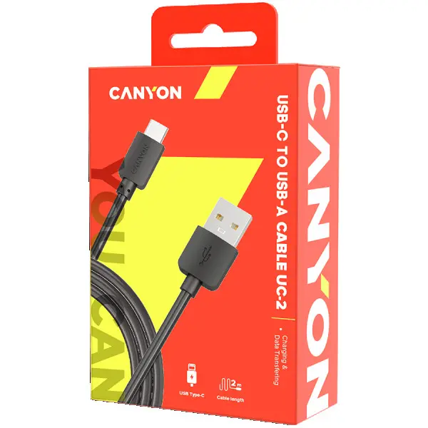 CANYON Type C USB 2.0 standard cable, Power & Data output, 5V 1A, OD 3.2mm, PVC Jacket, 1.8m, black, 0.036kg ( CNE-USBC2B ) 