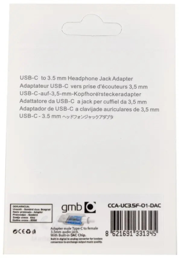 CCA-UC3,5F-01-DAC Gembird headphone adapter Type-C to 3.5mm adapter with retail box