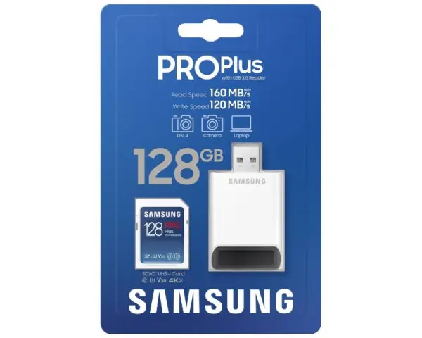 SAMSUNG PRO PLUS Full Size SDXC 128GB U3 + Card Reader MB-SD128KB