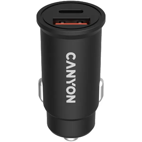 Canyon, PD 30WQC3.0 18W Pocket size car charger  with 1-USB A+ 1-USB-C Input: DC12V-24V, Output: USBC: PD30W( 5V3A9V3A12V2.5A15V2A20V1.5A),