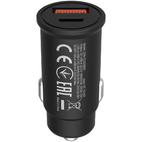 Canyon, PD 30WQC3.0 18W Pocket size car charger  with 1-USB A+ 1-USB-C Input: DC12V-24V, Output: USBC: PD30W( 5V3A9V3A12V2.5A15V2A20V1.5A),