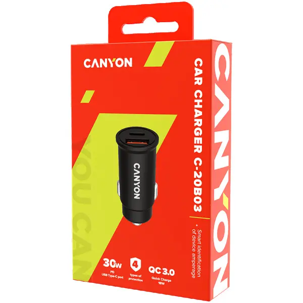 Canyon, PD 30WQC3.0 18W Pocket size car charger  with 1-USB A+ 1-USB-C Input: DC12V-24V, Output: USBC: PD30W( 5V3A9V3A12V2.5A15V2A20V1.5A),