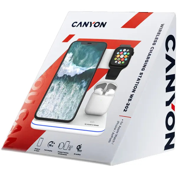 CANYON WS-302 3in1 Wireless charger, with touch button for Running water light, Input 9V2A, 12V2A, Output 15W10W7.5W5W, Type c to USB-A cab