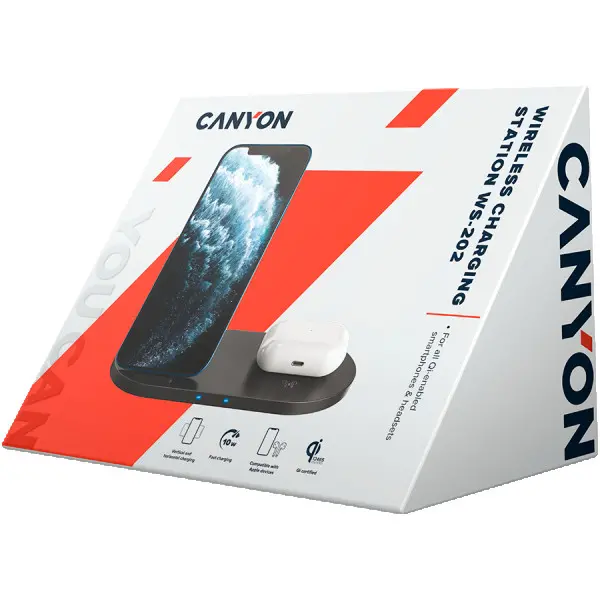 CANYON WS-202 2in1 Wireless charger, Input 5V3A, 9V2.67A, Output 10W7.5W5W, Type c cable length 1.2m, PC+ABS,with PU part ,180*86*111.1mm, 