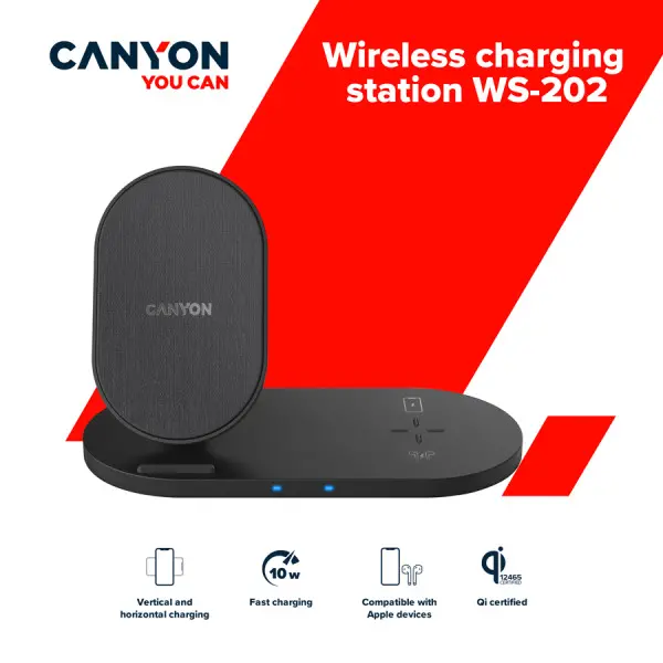 CANYON WS-202 2in1 Wireless charger, Input 5V3A, 9V2.67A, Output 10W7.5W5W, Type c cable length 1.2m, PC+ABS,with PU part ,180*86*111.1mm, 