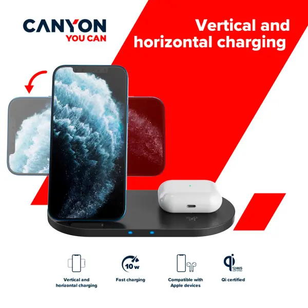 CANYON WS-202 2in1 Wireless charger, Input 5V3A, 9V2.67A, Output 10W7.5W5W, Type c cable length 1.2m, PC+ABS,with PU part ,180*86*111.1mm, 
