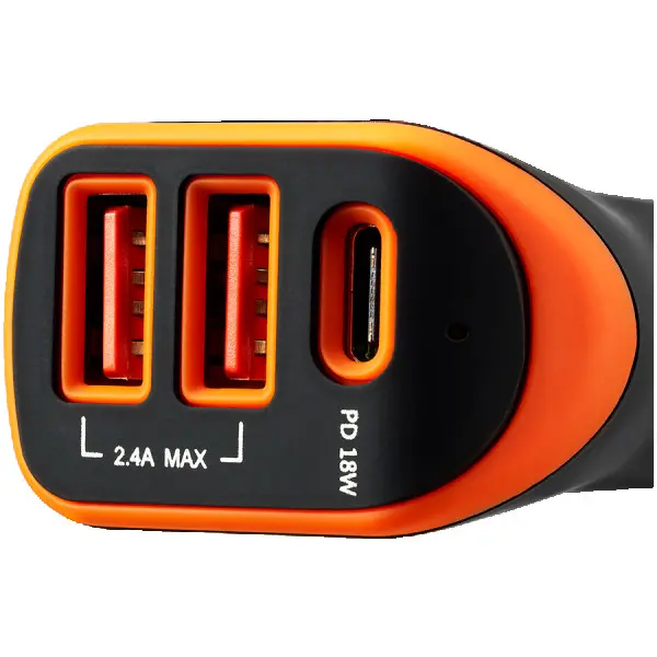 CANYON Universal 3xUSB car adapter, Input 12V-24V, Output DC USB-A 5V2.4A(Max) + Type-C PD 18W, with Smart IC, Black+Orange with rubber coa