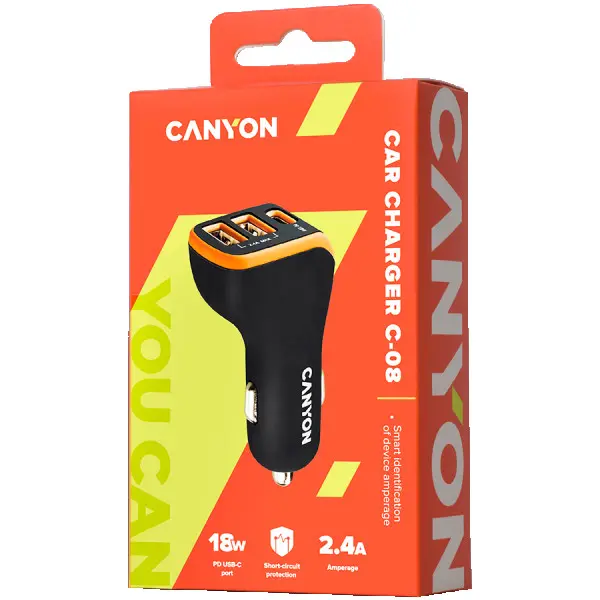 CANYON Universal 3xUSB car adapter, Input 12V-24V, Output DC USB-A 5V2.4A(Max) + Type-C PD 18W, with Smart IC, Black+Orange with rubber coa