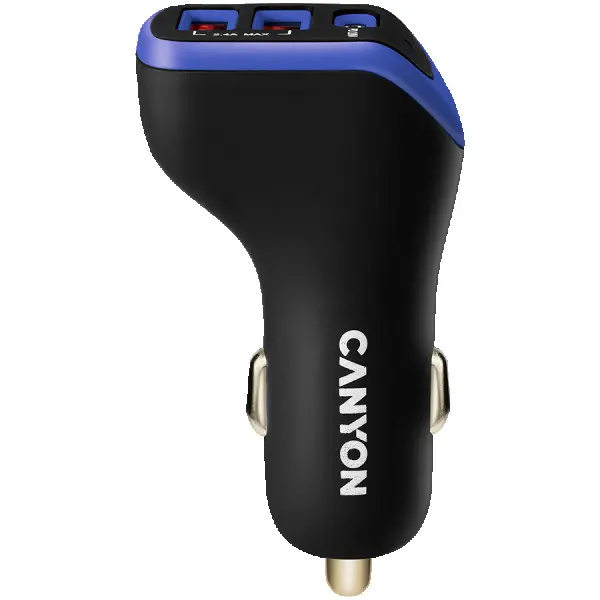 CANYON Universal 3xUSB car adapter, Input 12V-24V, Output DC USB-A 5V2.4A(Max) + Type-C PD 18W, with Smart IC, Black+Purple with rubber coa