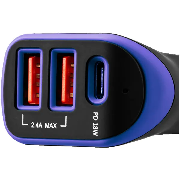 CANYON Universal 3xUSB car adapter, Input 12V-24V, Output DC USB-A 5V2.4A(Max) + Type-C PD 18W, with Smart IC, Black+Purple with rubber coa