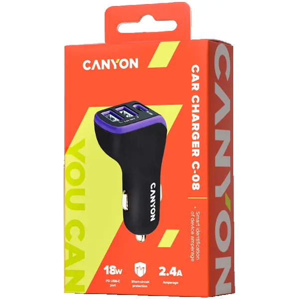 CANYON Universal 3xUSB car adapter, Input 12V-24V, Output DC USB-A 5V2.4A(Max) + Type-C PD 18W, with Smart IC, Black+Purple with rubber coa