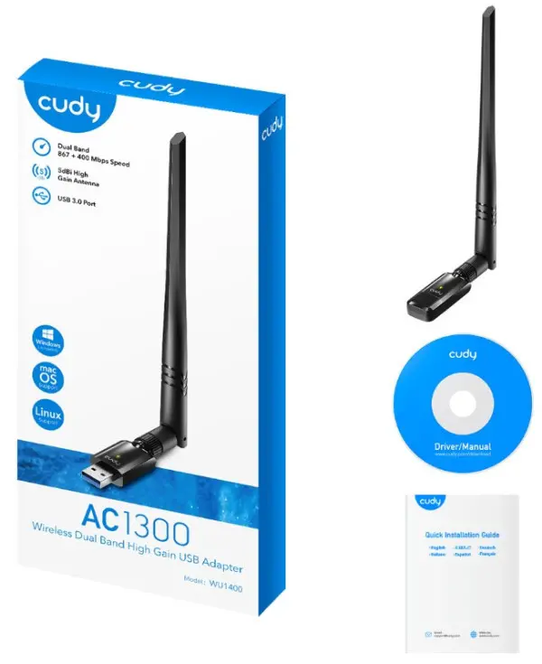 Cudy WU1400 AC1300 Wi-Fi USB 3.0 Adapter, 2.4+5Ghz, 5dBi high gain detachable antenna, AP support