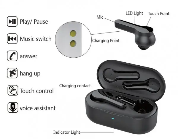 BHP-PRO4 Gembird bluetooth V5.0 slusalice TWS, auto pairing,16ohm, sirl voice assist, touch