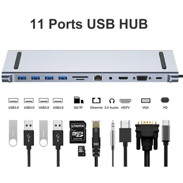 FAST ASIA Adapter TIP-C HUB na 4xUSB +SDmicro+RJ45+HDMI+ VGA+ PD+ Audio